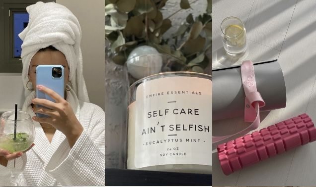 Simple self-care setup with a self care, candle, and a yoga mat.