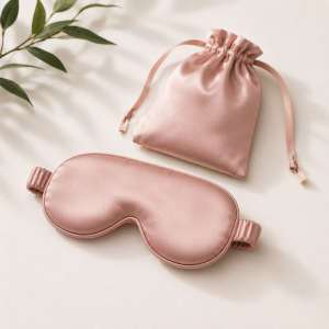 Soft blush sleep mask with matching pouch for better rest, travel, naps, and nighttime routines.