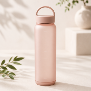 Frosted blush hydration bottle with time markers for daily wellness, workouts, and busy routines.