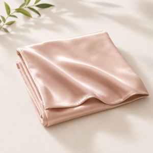 Champagne satin pillowcase for sleep routines, hair care, skin care, and calming bedroom resets.