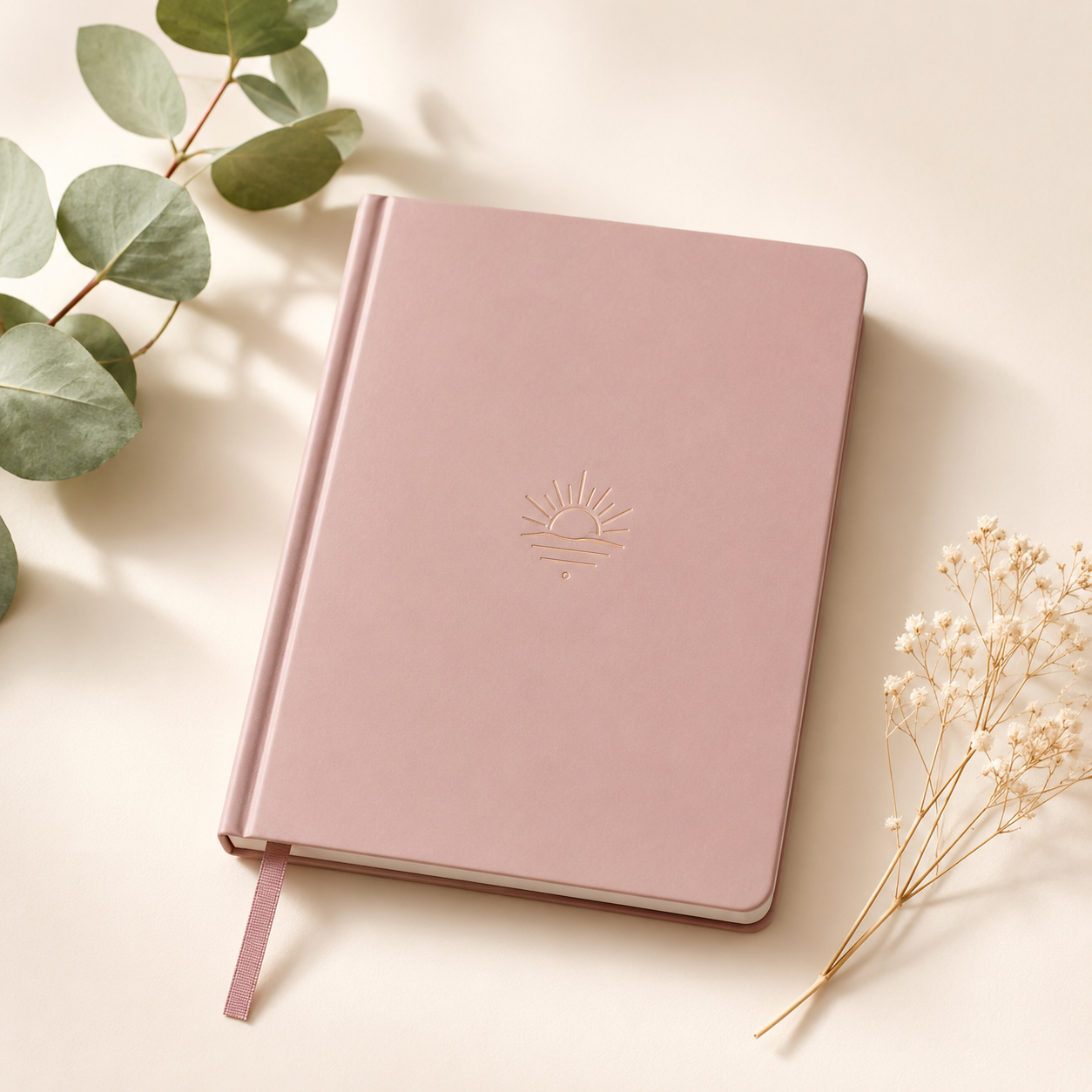 Mauve reflection journal with guided prompts for mindfulness, self-care, daily check-ins, and gentle planning.