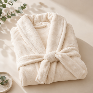 Cream wellness robe for slow mornings, evening routines, post-shower comfort, and relaxed self-care.