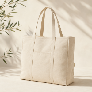 Cream wellness tote bag with front pocket for work, class, gym essentials, errands, and everyday organization.