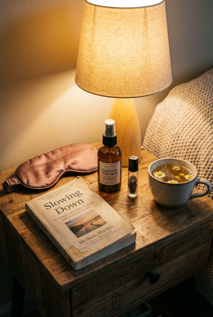 Relaxing nighttime routine with a book, tea, and soft bedside lighting.